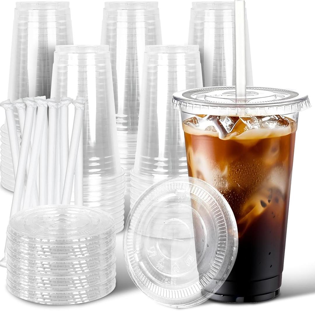 Ginkgo 50 Pack 20 oz Plastic Iced Coffee Cups with Lids and Straws, Clear Disposable To Go Cups for Coffee, Cold Drinks, Smoothie and Coffee Bar Accessories