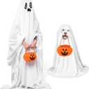 BlossomSound 4-Piece Halloween Set - Adult & Pet Ghost Costumes (White) with Pumpkin Candy Buckets & Cosplay Party Accessories