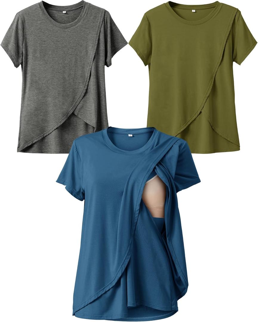 Rnxrbb Small Summer Nursing Tops for Breastfeeding T Shirts Short Sleeve Postpartum Clothes Sets of 3 (Medium, Deep Blue & Flecking Grey & Army Green)
