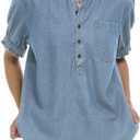 Locachy Women's Half Button Mock Neck Denim Shirt Casual Puff Short Sleeve Denim Blouse Top (Blue, L)