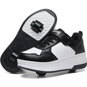 HSQ Fashion Sneaker Roller Skate Shoes for Boys Girls Kids Detachable Wheeled 2 in 1 Skating Shoes with Wheels (6 Big Kid, Black/White 156)