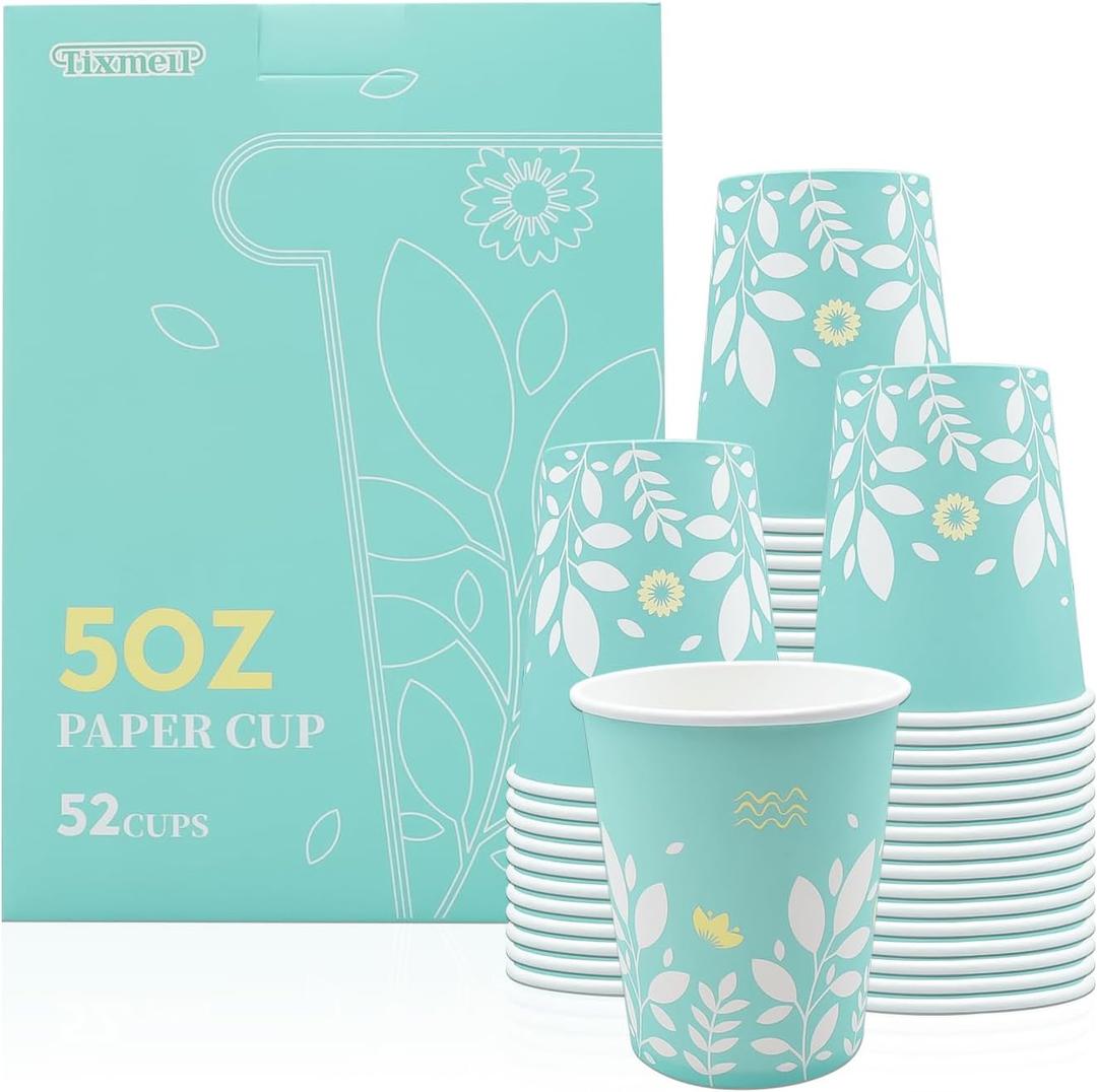 5 oz Disposable Paper Cups 52 Pack Leaf Design Small Bathroom & Mouthwash Cups, BPA-Free Food Grade (Green)