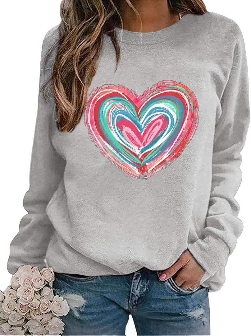 Urvatac Womens Valentine's Day Sweatshirt Funny Love Heart Graphic Pullover Shirts Casual Holiday Long Sleeve Blouse Tops (Gray, S)