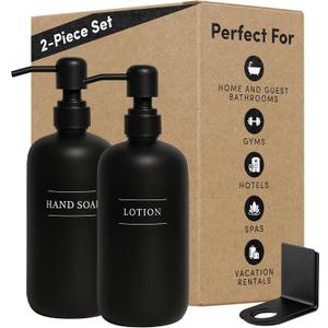 Black Plastic Bottle | Refillable Wall Mount Liquid Soap Dispenser with No Drill Brackets | 16 oz Hand Soap and Lotion for Every Bathroom | Two Bottles (Black Set 2)