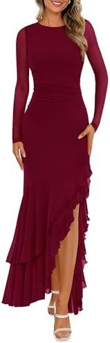 BTFBM Women's Maxi Dresses Spring 2026 Long Sleeve Ruched Bodycon Solid Ruffle Mermaid Cocktail Wedding Guest Dress,Red, S