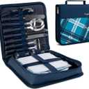 Picnic Set for 2 - Includes 16 Pcs, Portable Travel Utensils with Case, Reusable Camping Cutlery Plates, Stainless Steel of Spoons and Forks, for Hiking, Camp, BBQ, Gift (Blue)
