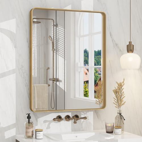 CHARMOR 24"x30" Gold Bathroom Mirror, Rounded Rectangle Gold Frame Mirror, Brushed Gold Brass Bathroom Vanity Mirror Wall-Mounted, Anti-Rust, Hangs Horizontally or Vertically
