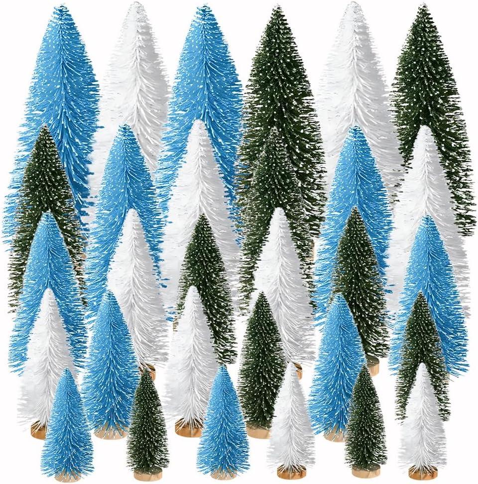 Yahpetes Artificial Mini Christmas Trees, 30 Pcs Sisal Snow Pines in 5 Sizes, Crafting Displaying Decoration, Tabletop Xmas Tree for Home, Party (Blue/White/Green)