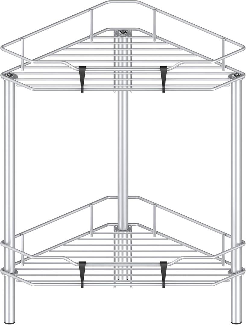 HuggieGems 2 Tier Floor Standing Corner Shower Caddy Organizer Shelf with Hooks, Bathroom Shelves Stand Rack, Silver