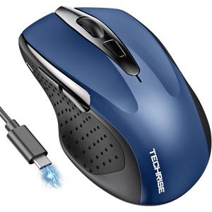 Bluetooth Mouse (BT5.0/3.0 & 2.4G) Rechargeable Wireless Mouse, 4800 DPI Optical Tracking, 6 Adjustable DPI, 2.4GHz with USB A Receiver, Quiet Clicks, Ergonomic Grips, 6 Buttons - Blue