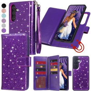 Varikke for Samsung Galaxy S26+ /S26 Plus Wallet Case Detachable with RFID Blocking Card Holder for Women, Glitter Leather Strap Magnetic Flip Removable Case for Galaxy S26 Plus 6.7", Dark Purple