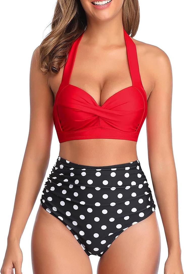 Tempt Me Women Two Piece Swimsuit High Waisted Bikini Halter Vintage Retro Bathing Suit Push up Swimwear (X-Large, Red/Black Dot)