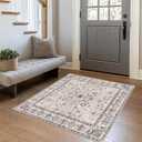 Washable 3x3 Square Rug for Entry Bathroom Kitchen Bedroom Carpet - Non Slip Stain Resistant Low Pile Soft Door mat - Protect Hardwood and Laminate Flooring Floral Farmhouse Decor 3x3 Beige