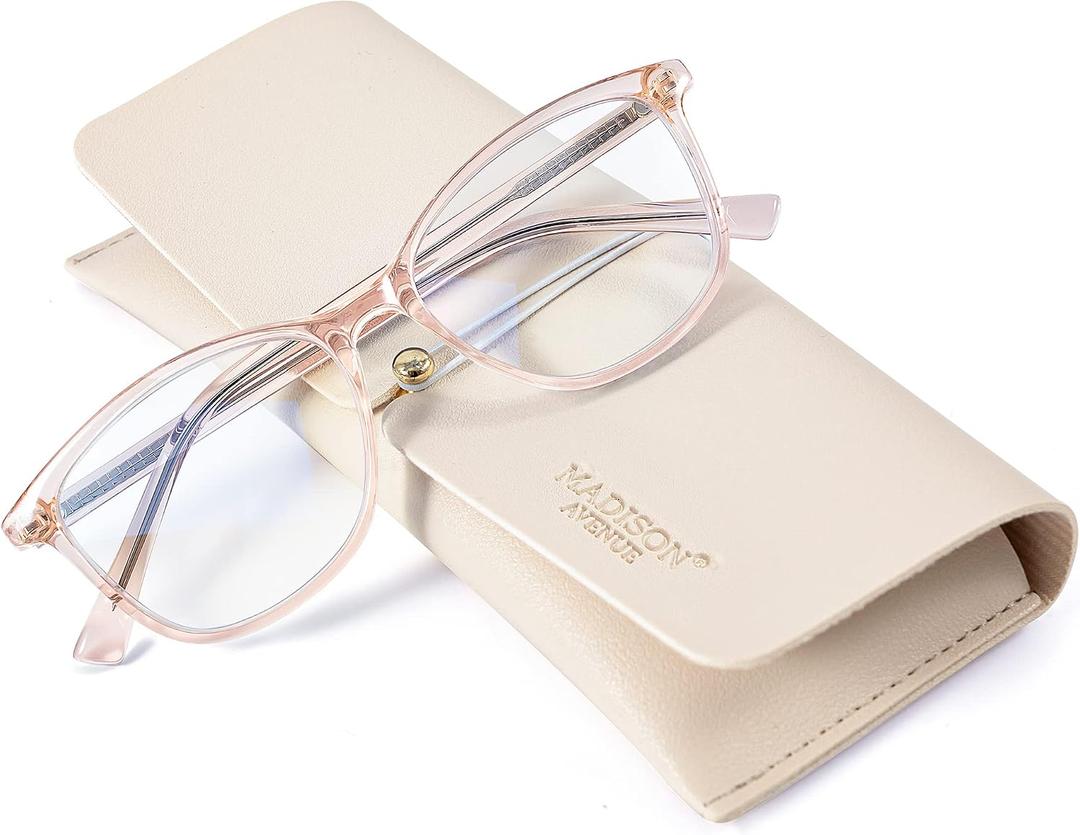 Madison Avenue Square Vintage TR90 Blue Light Blocking Reading Glasses for Women with Case, Anti Glare/ Eyestrain Computer Readers Transparent Brown +2.25