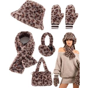 Gifts Sets for Women-5 Piece, Faux Fur Bucket Hat and Glove Set, Valentines Gifts for Her Wife Sister Girlfriends (Leopard Print Light)