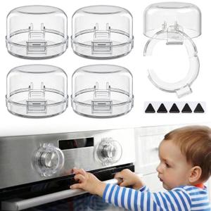 YEWROXY Stove Knob Covers for Child Safety – 5-Pack Heat-Resistant Oven Lock Knob Covers with Heat Alert Stickers, Baby and Pets Proofing Guards for Gas & Electric Stoves (Clear)