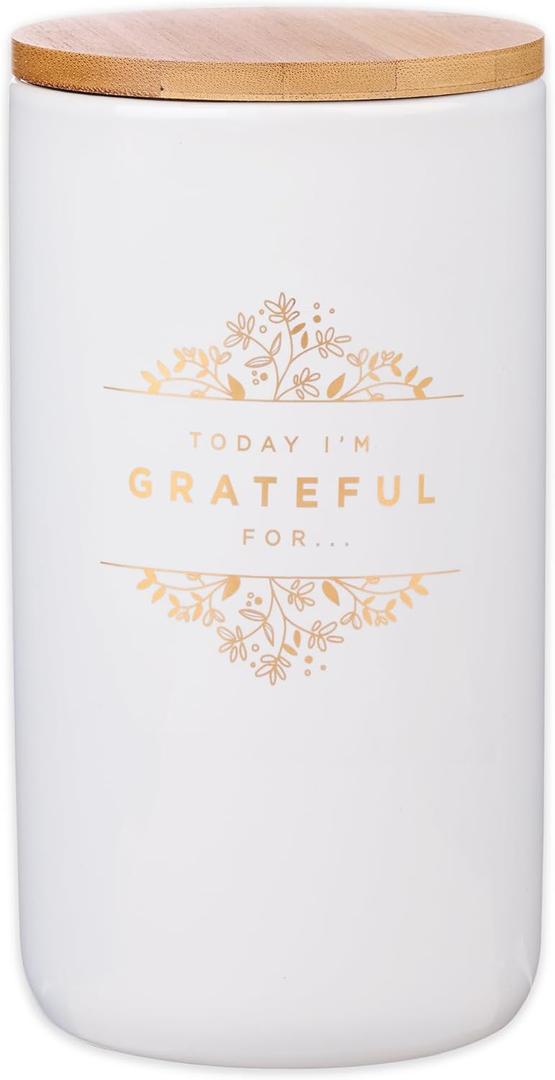 Christian Art Gifts Keepsake Count Your Blessings Gratitude Jar Set w/Bible Verse Note Cards, Today I'm Grateful For, White Ceramic with Gold