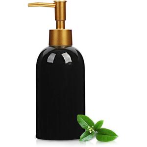 Classic Cylindrical Soap Dispenser, Multi-Color Ceramic Bottle with Gold Rust-Proof Pump (Black)