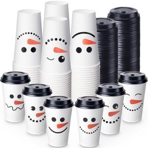 Sliner 120 Pcs Christmas Snowman Disposable Paper Coffee Tea Cups with Lids Winter Wonderland Xmas Cocoa Cups for Juice Hot Cold Beverage Drinks Seasonal Holiday Party Supplies(16 oz)