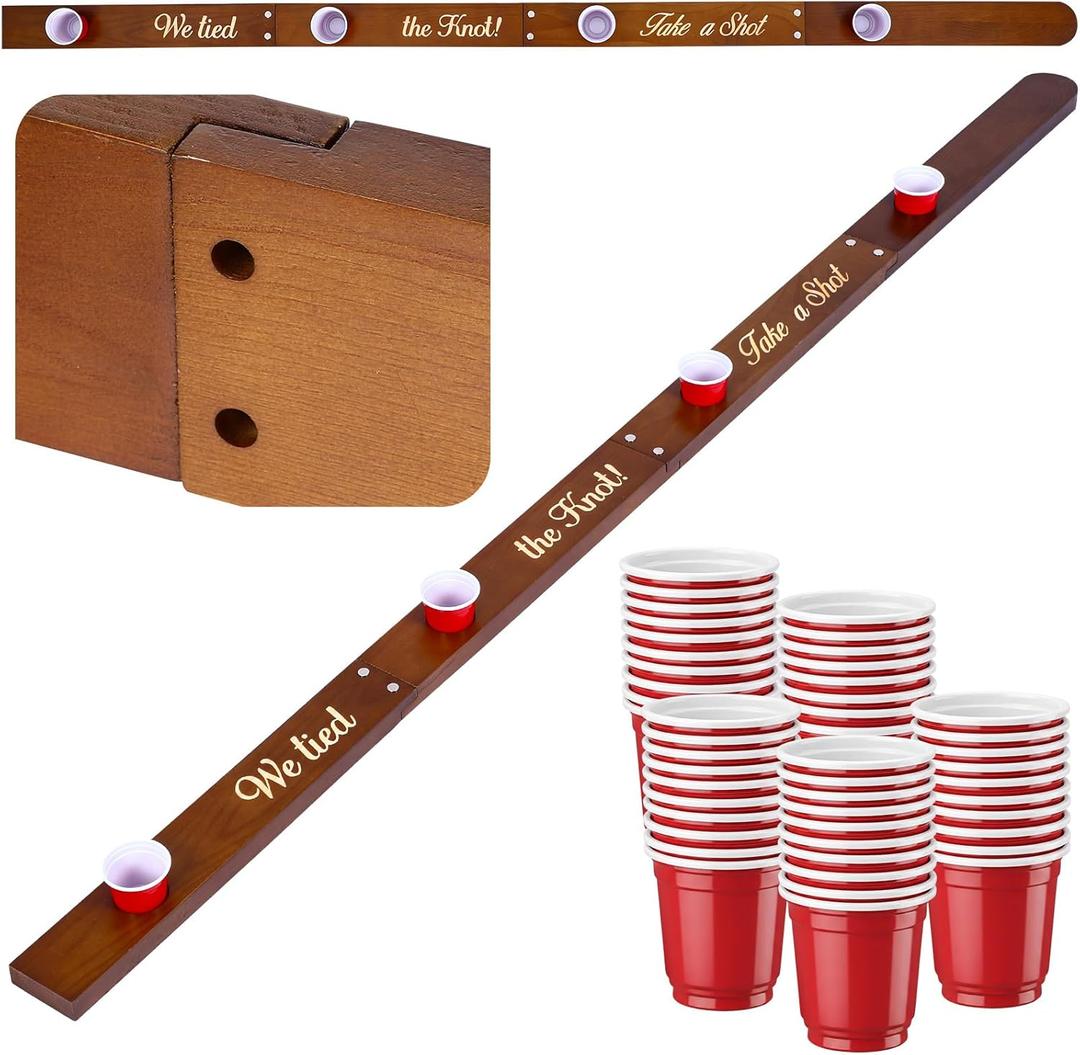 FoldTier Shot Ski Board for 4 Persons, Vintage Wooden Shot Drinking Board with 50 Red Plastic Cups for Party Birthday Winter Gift Gathering Wine Decor Ornament Roulette Game(Wedding)