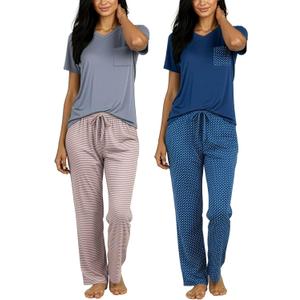 Real Essentials 2 Pack: Women's Comfy Pajama Sets - Short Sleeve Ladies Loungewear Sleepwear PJs (Available In Plus) (Gray, S)