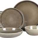 Gibson Elite Berea 16 Piece (Service for 4) Plates and Bowls Reactive Glaze Round Dishes Stoneware Ceramic Dinnerware Set -Taupe