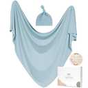 Baby Swaddle Receiving Blankets with Matching Beanie Set Newborn Nursery Swaddle Wrap for Baby Girls and Boys (Blue)
