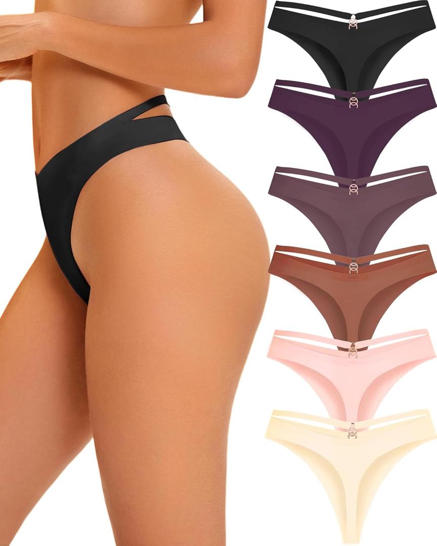 Women's Underwear Seamless Thongs 6 Pack No Show Thong Breathable Invisibles Hollow Out Sexy Panties Underwear S