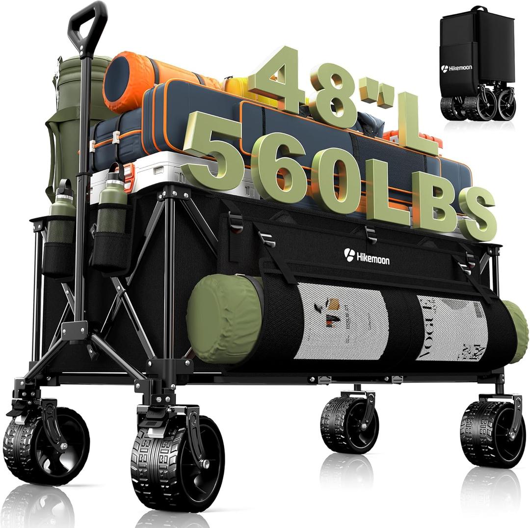 Hikemoon 300L Extra Large Wagons Carts Foldable, 560LBS Heavy Duty Collapsible Beach Wagon 48" Long with Big All-Terrain Wheels, Utility Folding Cart for Camping, Grocery, Sports, Garden, Black