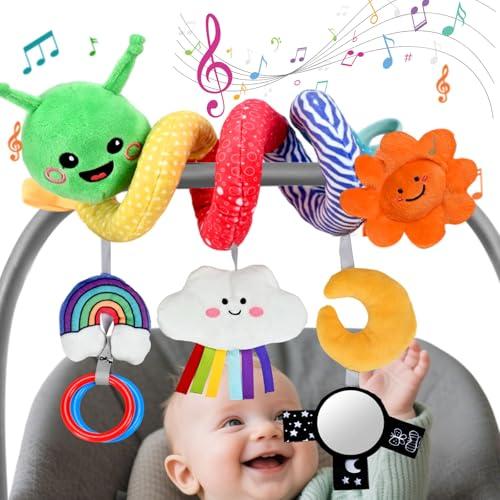CaftyMids Baby Plush Hanging Musical Toy for 0-6-12 Months, Cloud with Touch - Activated 30-Sound Music Box, Washable, Sun/Rainbow/Moon, Gift for Strollers/Car Seats