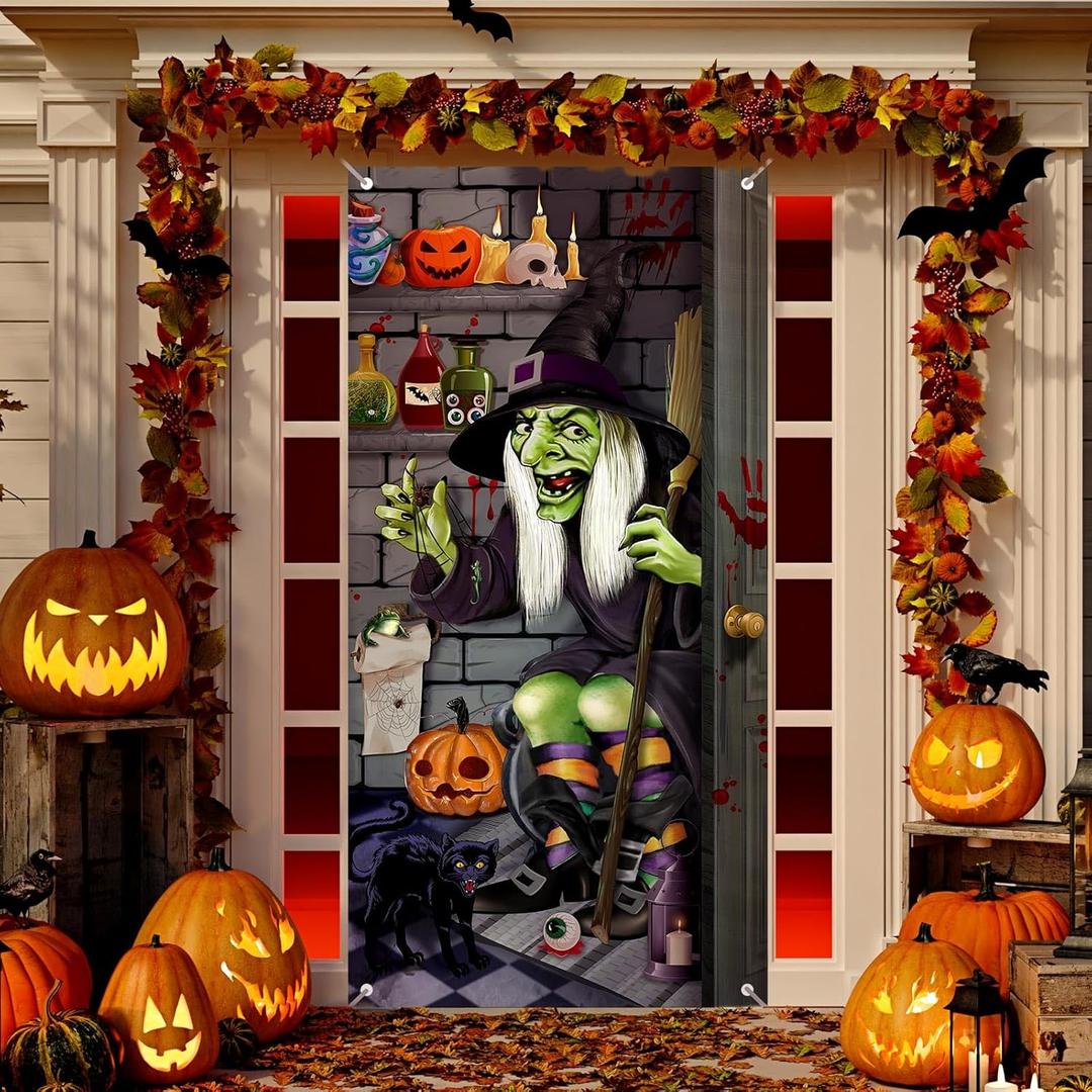 Halloween Witch Door Cover Large Witch Door Cover with Rope Halloween Door Decoration Witch Door Cover Photo Background for Halloween Party Supplies Home Hanging Indoor Outdoor Decor, 35.4 x 70.8 Inch