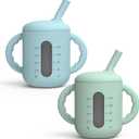 Seposeve 2 Pack Silicone Sippy Cups, Leak-Proof Baby Straw Cup for 6-12 Months, Spill Proof Toddler Cup with Straw 1-3 Years, with Capacity Marking, Non-slip Handle, Flow Control, 6 oz, Green Blue