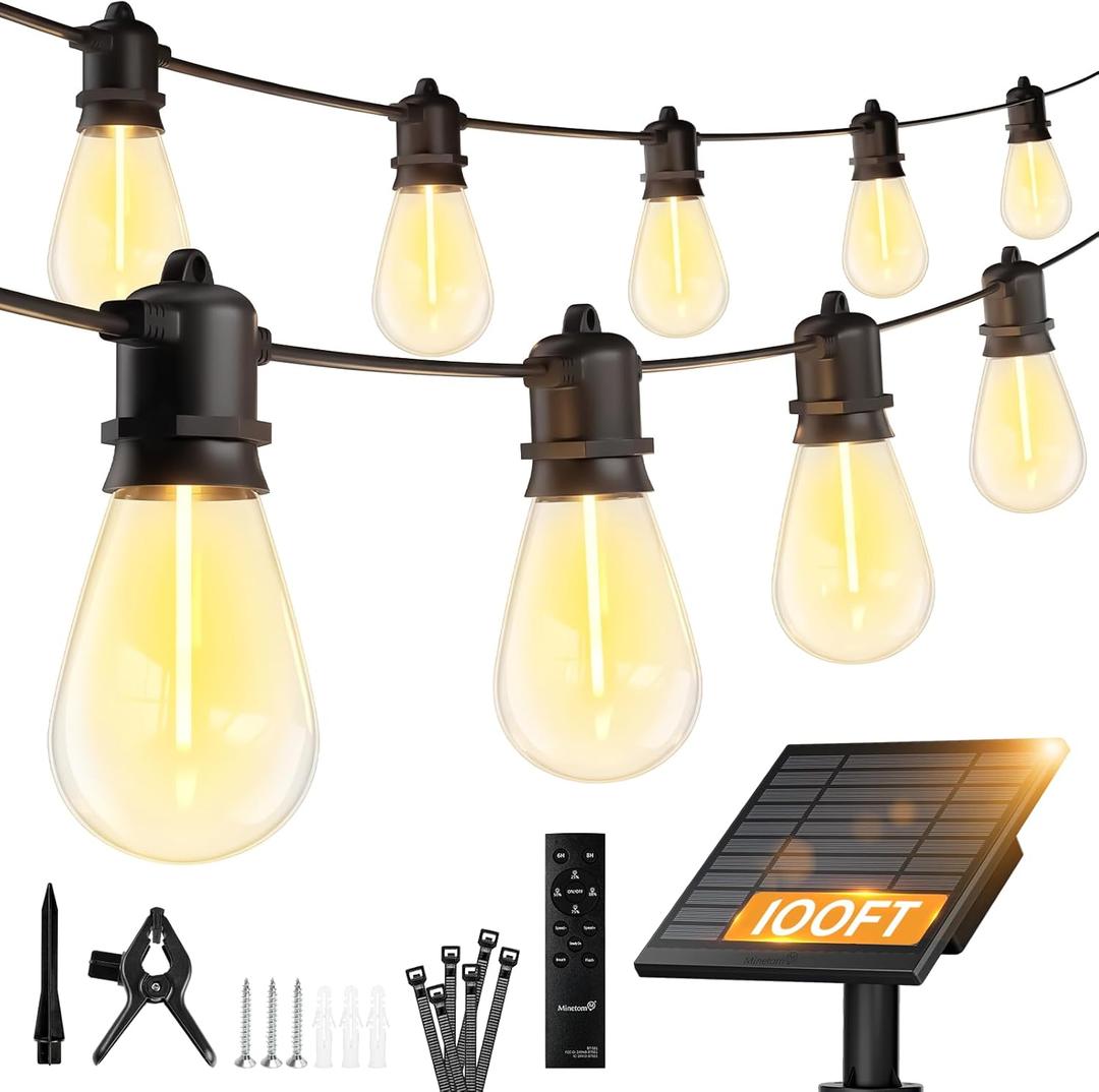 Minetom 100FT Solar-String-Lights-Outdoor-Waterproof, 31+2LED S14 Shatterproof Bulb, Patio Lights with Remote Type-C Port Timable, 3 Light Modes Dimmable Solar String Lights for Outside, Yard, Camping