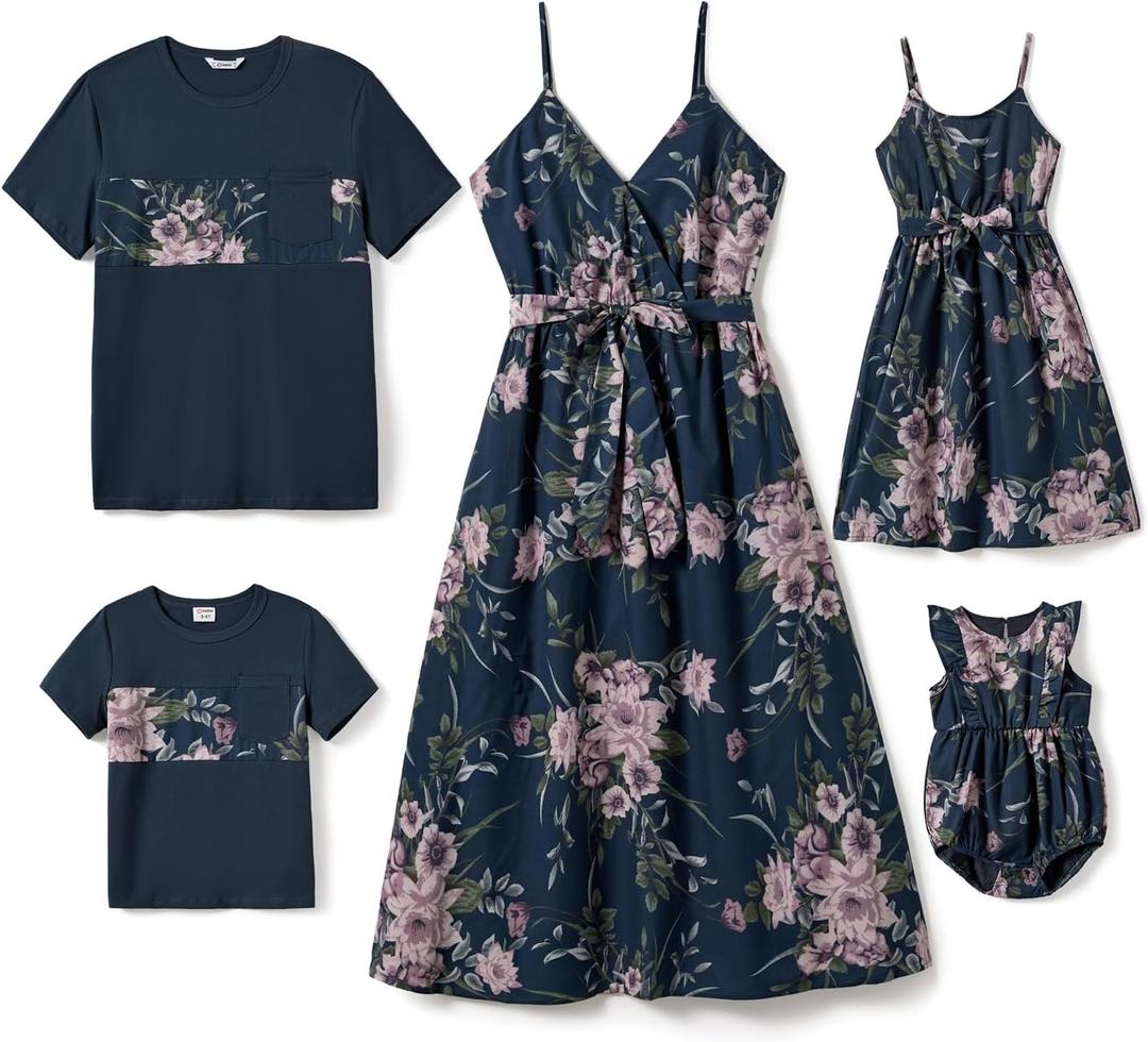 PATPAT Family Matching Outfits Mommy and Me Dresses Hawaiian Tropical Vacation Beach Spaghetti Strap Dress and Shirt (12-18 Months, Deep Blue Floral)