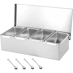 Condiment Jars Seasoning Containers Canisters Spice Pots Multi Compartments Stainless Steel Seasoning Organizer Box for Bar, Four Grids