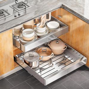 Pull out Cabinet Organizer, Stainless Steel Expandable(12"-20") Heavy Duty Slide out Drawers Fixed with Adhesive Nano Film for Pots, Roll out Shelf Storage for Kitchen Base(Silver-2pcs)(3 Rails)