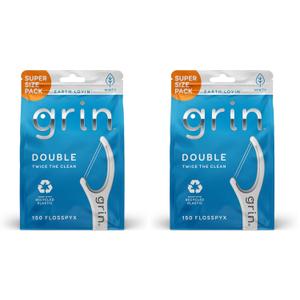 GRIN Double Flosspyx, Floss Picks, 150 ct, Dental Flossers, Minty Flavor, Recycled Plastic, 2 Lines of Strong Floss, Longer Floss Head, Traps Food and Plaque, Includes Safe Soft Fold-Back Tooth Pick