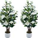 2 Pack Artificial Camellia Tree with White Pot, 38" Faux Potted Plants for Indoor Outdoor Decor, Tall Silk Greenery Plant for Home Office Living Room Balcony, White (3FT)