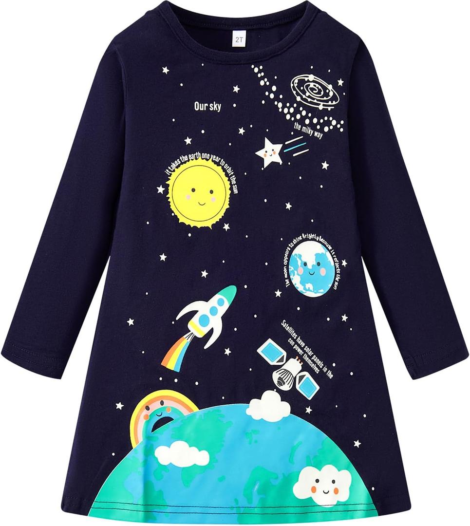 Girls Long Sleeve Dress Casual Cartoon Appliques Jersey Dresses  (3T)