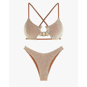 ZAFUL Women's Sexy Cutout Bikini Set High Cut Textured Metal Ring Cheeky Swimsuit Two Piece Bathing Suit, L