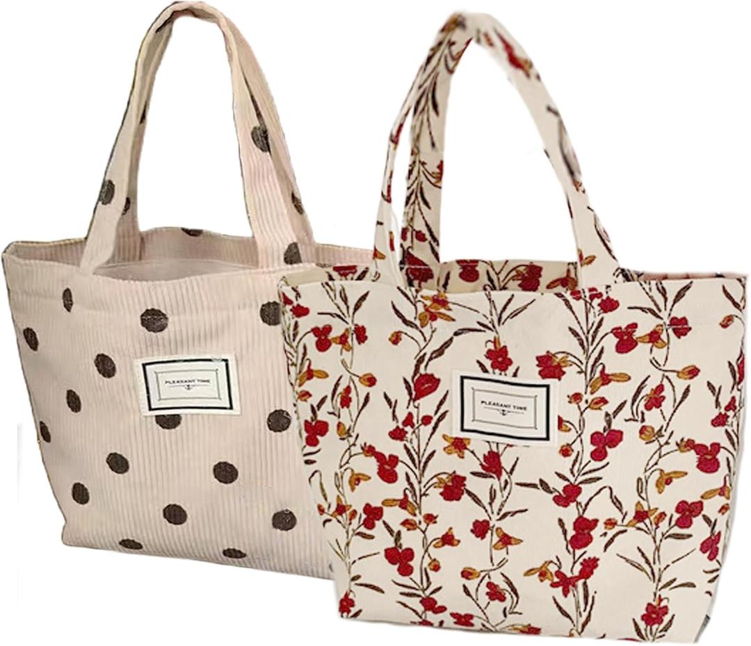 2PCS Corduroy Small Tote Bag for Women Cute Floral Mini Tote Bag Preppy Aesthetic Reusable Bags for Grocery, Essentials, Water Bottle, Keys (Red Rose)