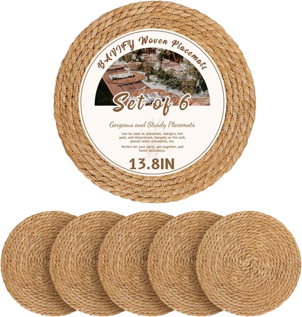 13.8 in Round Woven Placemats Plate Chargers Set of 6, Boho Farmhouse Rustic Woven Place Mats for Dining Table Decor, Rattan Wicker Table Mats Jute Braided Chargers for Dinner Plates (Natural Color)
