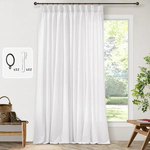 Pinch Pleated Extra Wide Curtain Panels 90 Inches Long 72 Wide Linen Curtain Drapes for Patio Sliding Glass Door with Hooks Rings Semi Sheer Privacy 90 Inch Length Drapesn for Living Room 72x90 (White)