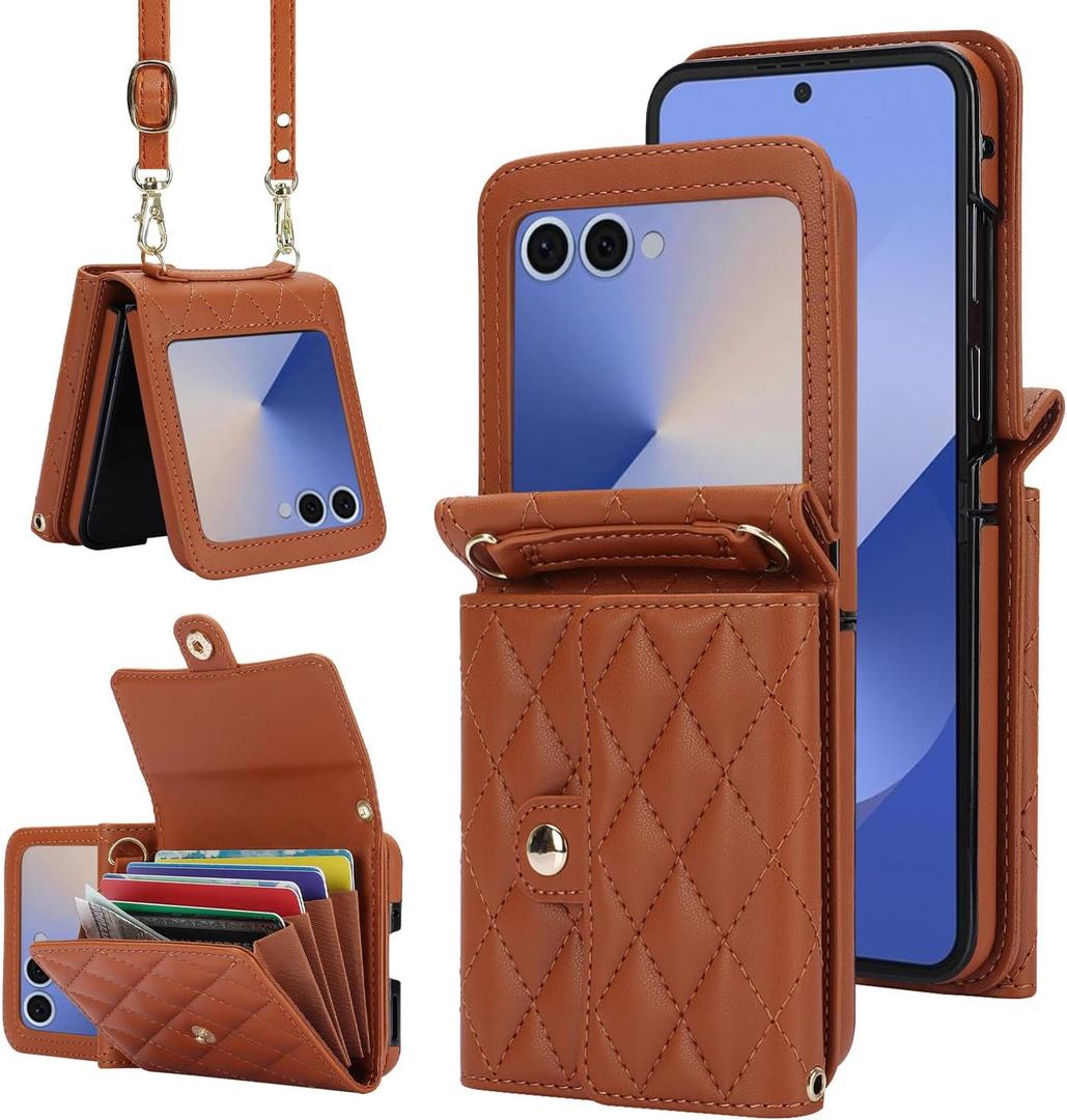 XIMAND for Samsung Galaxy Z Flip 7 Accordion Crossbody Wallet Case, 4 Card Slots, RFID Blocking, and Adjustable Strap - Stylish and Versatile Accessory.(Brown)