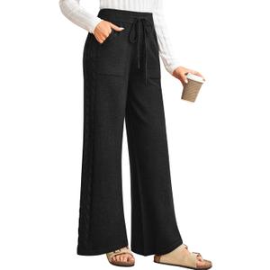 Arach&Cloz Womens 2025 Spring Sweater Pants Wide Leg Elastic High Waist Cute Casual Flowy Lounge Winter Knit Trousers Pockets (Black)