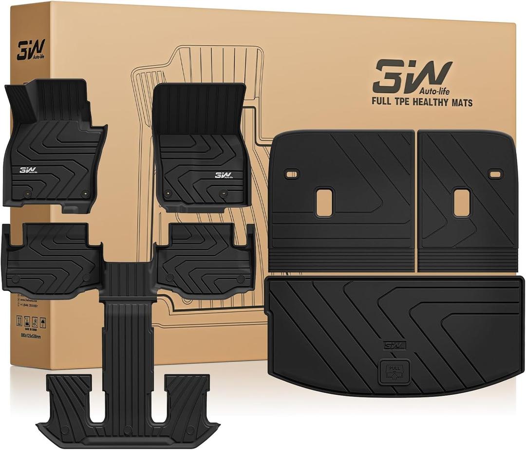 3W Floor Mats & Backrest Mats & Cargo Mats for Mazda CX-90/CX-90 PHEV 2026 2025 2024 7 Seats with 2nd Row Bucket Seats, All Weather TPE Custom Fit Floor Liners Accessories