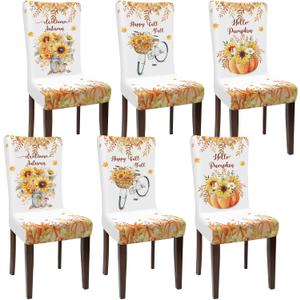 Preboun Fall Chair Covers Set of 6 Thanksgiving Dining Protector Stretch Removable Washable Autumn Pumpkin Sunflower Maple Leaves Slipcovers for Dining Hotel Party Wedding