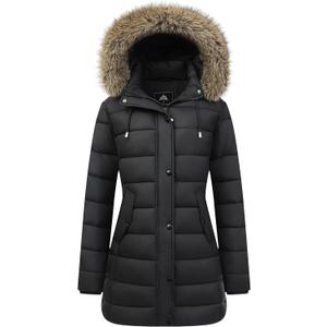 Women's Winter Thickened Down Jacket Warm Long Puffer Coat Waterproof Parka with Faux Fur Removable Hood (Black, XL)