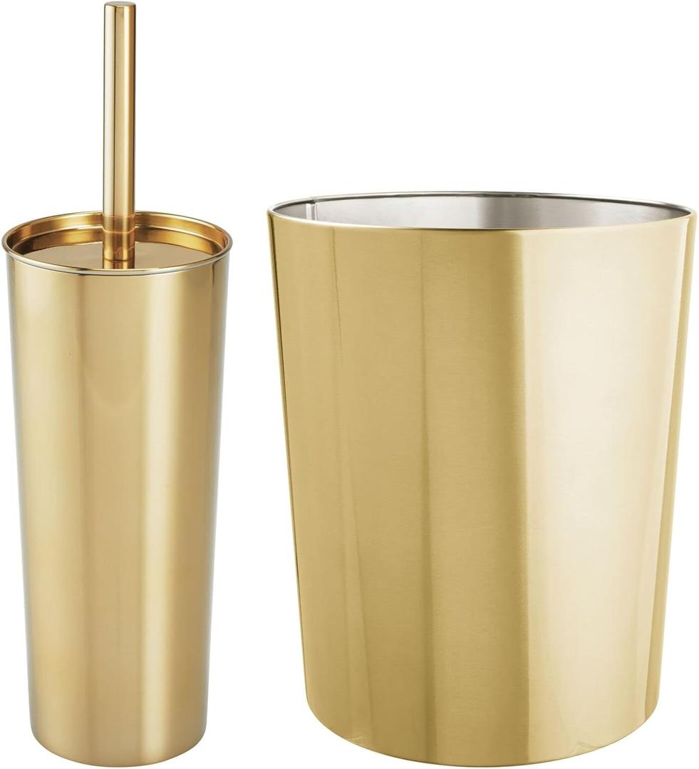 mDesign Round Metal Modern Compact Freestanding Plastic Toilet Bowl Brush and Round 6.4 Liter/1.7 Gallon Wastebasket Garbage Can Combo Set for Bathroom Cleaning - Mirri Collection - Set of 2 - Brass