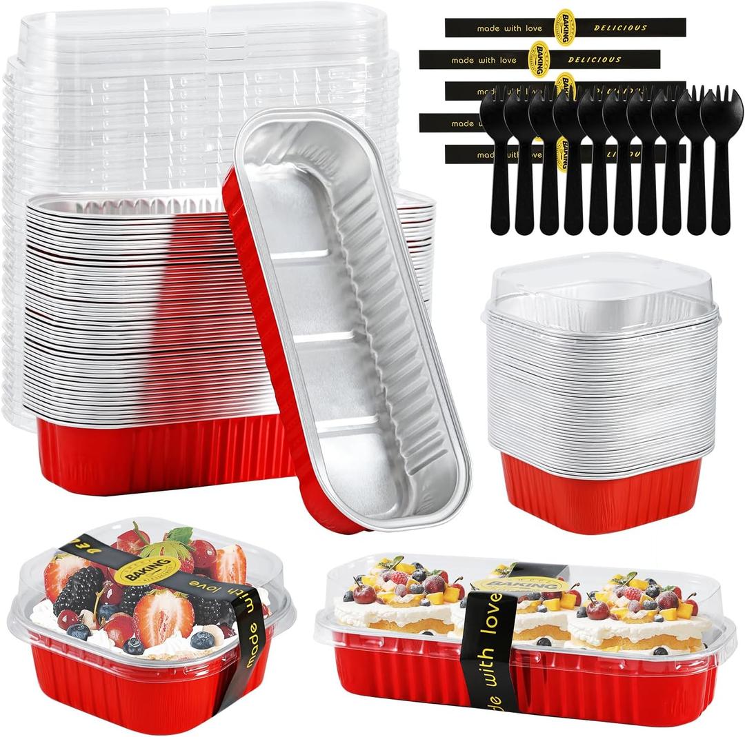 100 Pack Red Mini Aluminum Foil Loaf Pans with Lids 50Pcs 6.8oz and 50 Pcs 10oz, Spoons & Sealing Stickers Included Ideal for Baking, Storage & Gifting Dessert (100PCS RED)